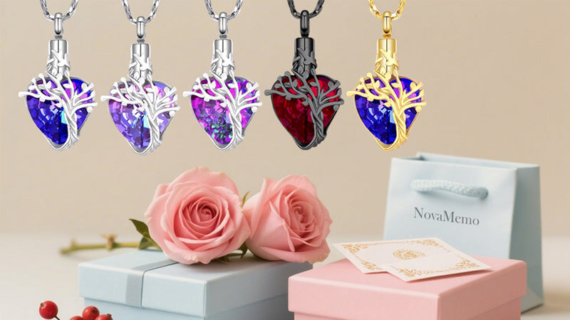 Tree Of Life Heart Urn Necklace For Ashes Cremation Jewelry For Loved Ones Silver-Blue