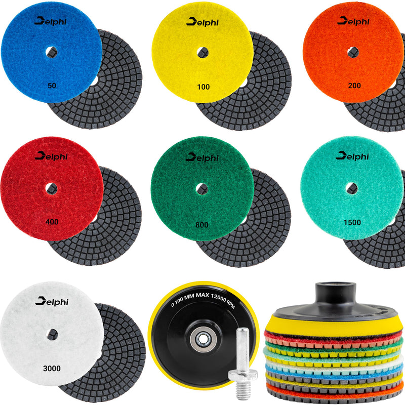 [Australia - AusPower] - DELPHI Wet Diamond Grinding Disc Polishing Set 7 Pieces Diamond Discs Set 100 mm for Grinding Polishing Porcelain Stoneware, Ceramic Grit 50-3000 with Wool Pad M12 Adapter and Protective Gloves 