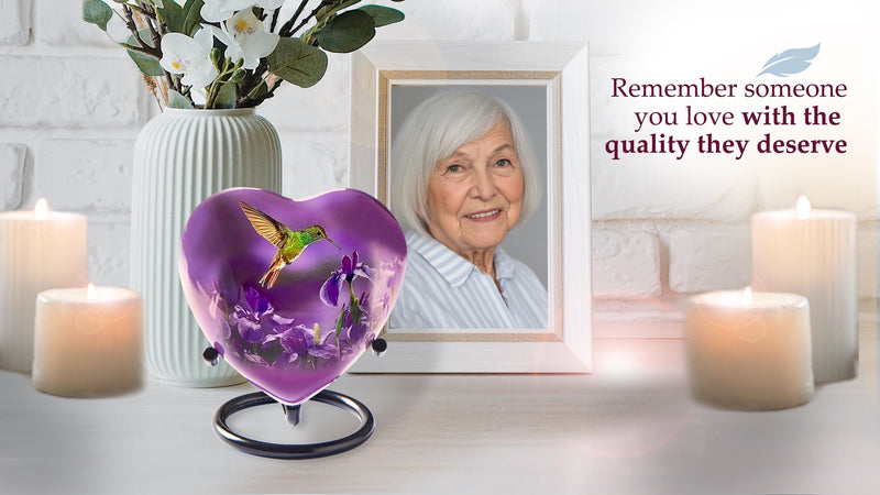Trupoint Memorials Small Urns for Human Ashes Keepsake, Mini Heart Urn with Stand, Decorative Cremation Urns for Adult Men & Women – Medium Hummingbird Heart Stand Purple Hummingbird 1