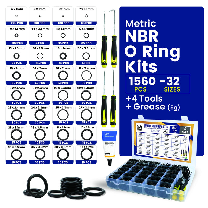 [Australia - AusPower] - O Ring Kit - 1560 Pcs 32 Size - Nitrile Rubber O Ring Assortment Kit + 4 Hook Set & Grease Tube – for Automotive, Plumbing, Pressure Washer, Air or Gas Sealing Connections, Resist Oil and Heat O-Ring Metric 1560PCS 32 Size and Tool Kit 