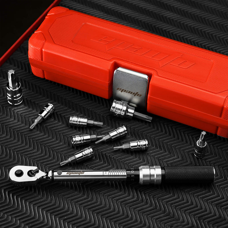 EPAuto Bike Tool 1/4 Inch Drive Click Torque Wrench Set (2 to 20 Nm), Hex/Torx Bit Socket Extension Bar Bicycle Maintenance Kit Chrome Satin
