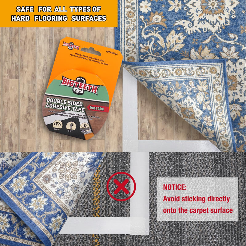BIGTEETH Double Sided Carpet Tape - 2 Inch x 33 Feet Rug Gripper Tape for Area Rugs,Carpet, Mats,Residue-Free Floor Safe Adhesive for Hardwood,Tile,Laminate,Vinyl, Stairs,Anti Slip & Strong Hold