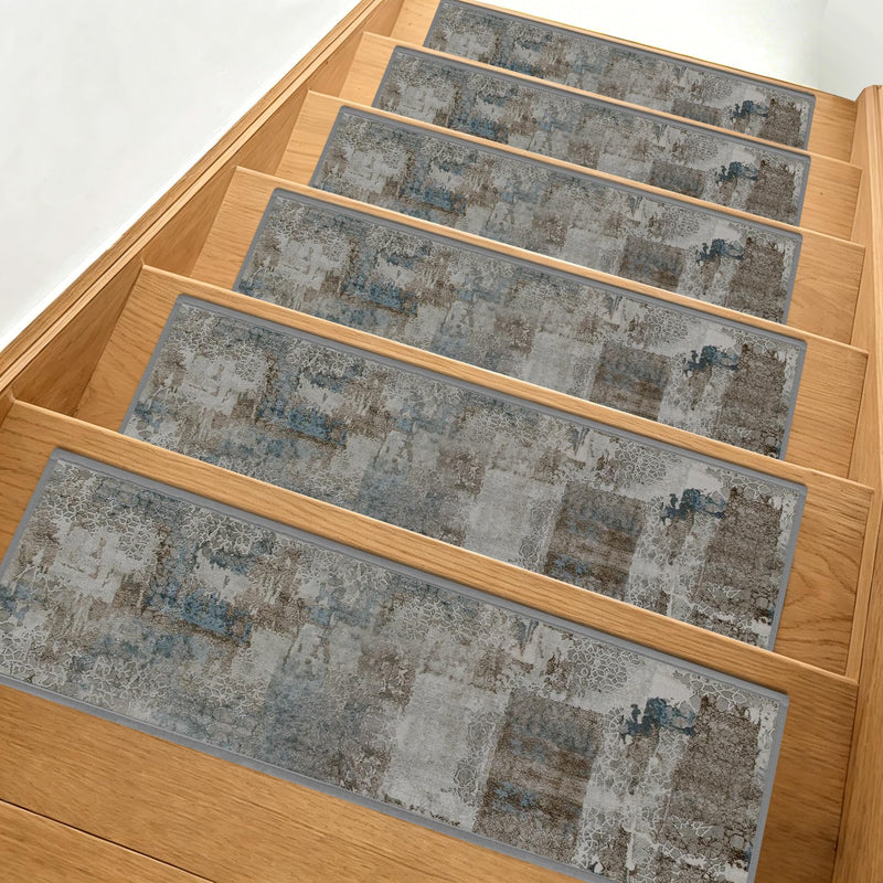 Non-Slip Carpet Stair Treads 4PCS, 8"x30" Peel and Stick Stair Runner for Wooden Steps Indoor, Washable Reusable Adhesive Backing, Pet-Friendly Safety Mats for Kids, Elders, Dogs 8inch x 30inch Slate Blue l Olive Brown 4