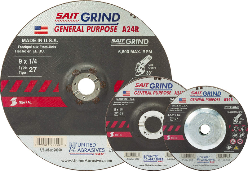 [Australia - AusPower] - United Abrasives-SAIT 20063 A24R General Purpose/Long Life Grinding Wheel (Type 27/Depressed Center) 4 1/2" x 1/4" x 7/8", 25-Pack 