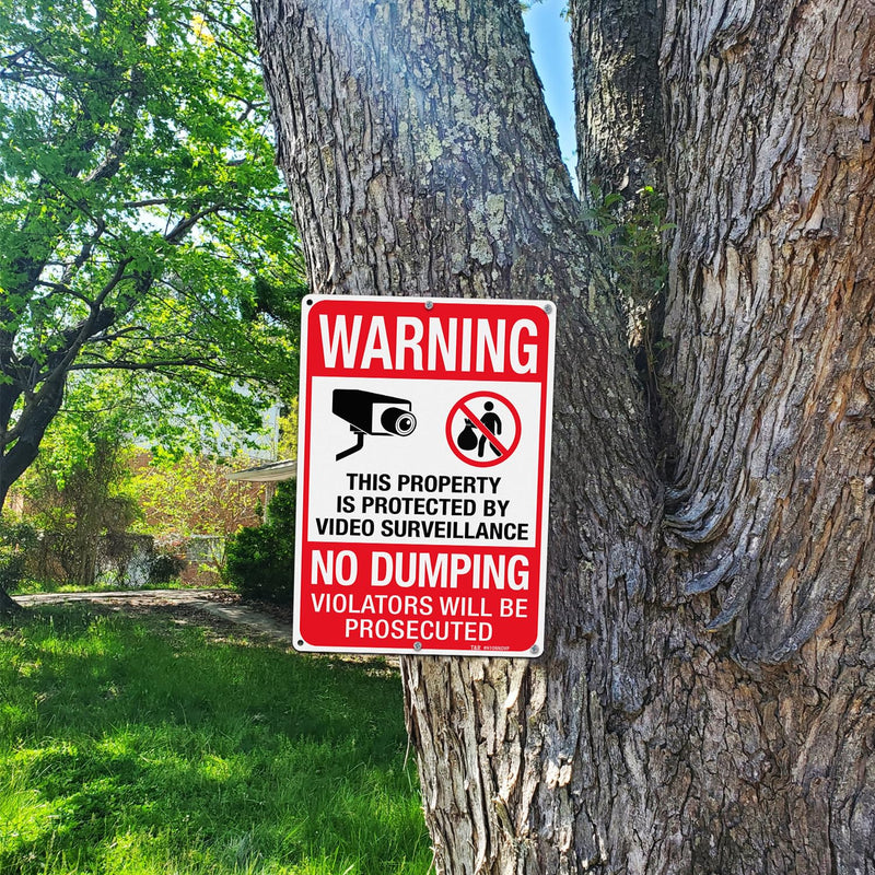 [Australia - AusPower] - T&R Large No Dumping Sign, Property Protected By Video Surveillance Sign, 14" x 10" Rust Free .040 Aluminum Reflective, Weather Resistant, Waterproof, Fade Resistant, 6 Pre-drilled Holes - 2 Pack 14" x 10" - 2 Pack 