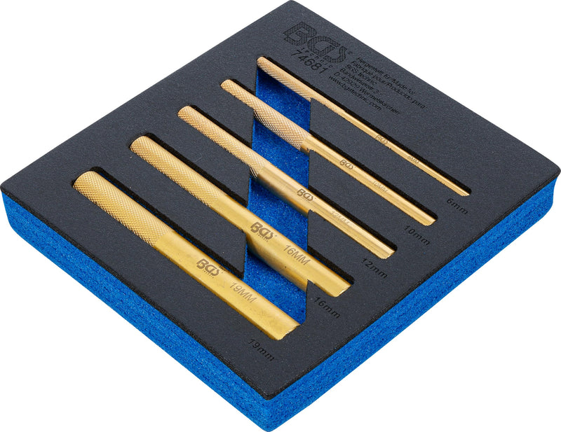 BGS 74681 Workshop Trolley Insert 1/6 Brass Mandrel Set 6-19 mm | 5-piece set. For driving out bearings, bolts, bushings | Round shaft | Handle with knurling | Hard foam insert