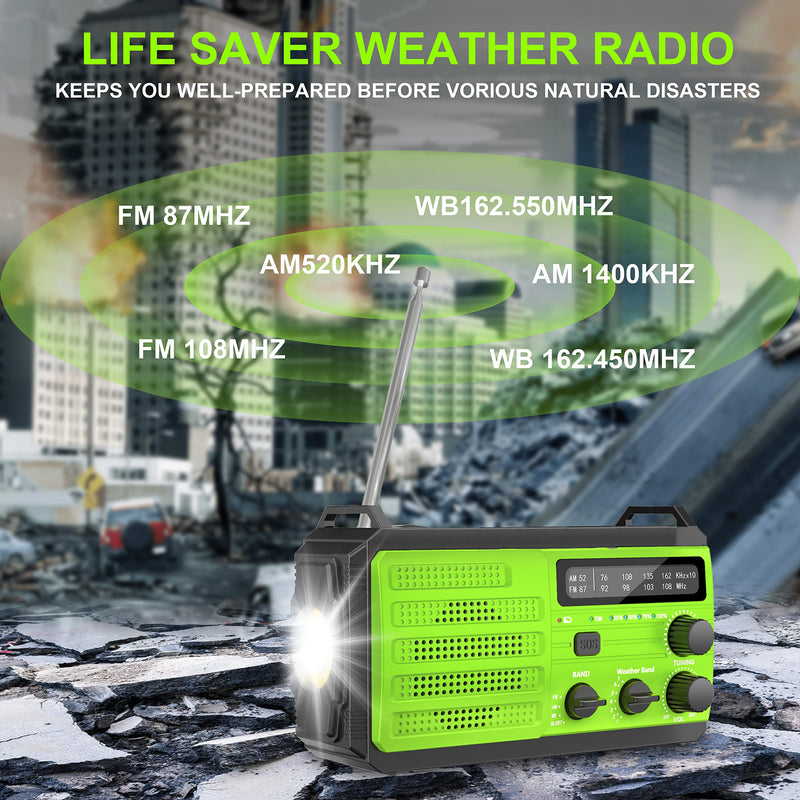 [Australia - AusPower] - Emergency Weather Radio,8000mAh AMFM NOAA Weather Alert Radio,Solar Hand Crank Powered Radio with Super Bright Flashlight,Phone Charger,SOS Alarm,Compass for Survival, Hurricane,Outdoor, Emergency Green 