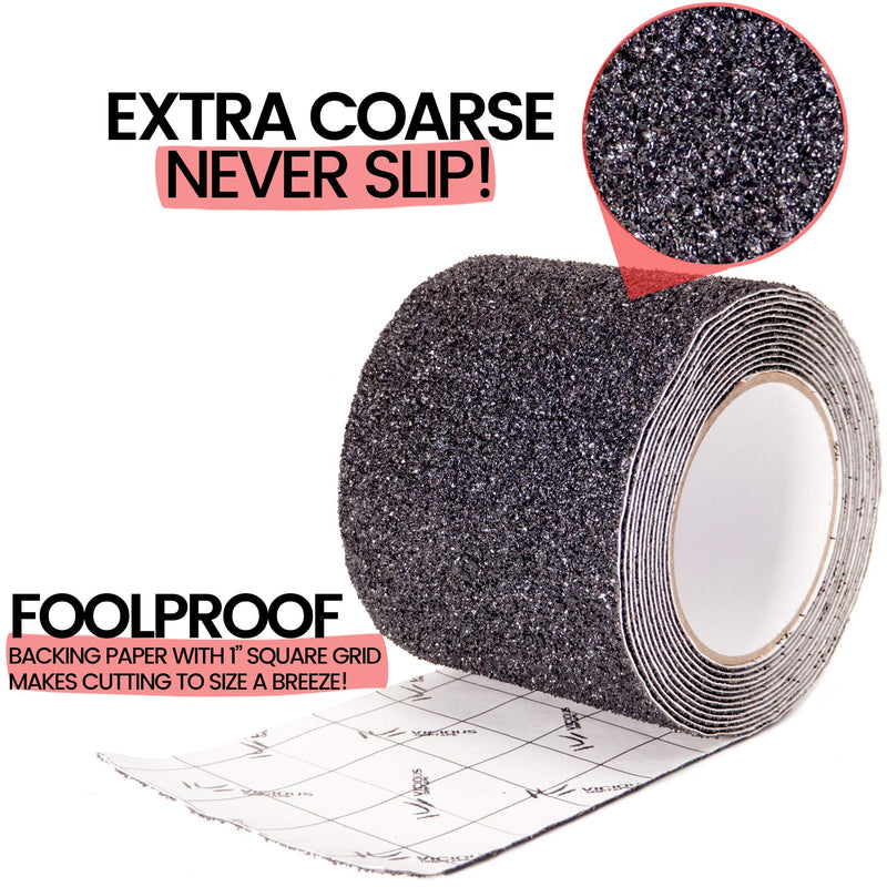 Vicious Black Extra Coarse Heavy Duty Anti Slip Safety Traction Tape | 4 Inch x 12 Feet | Indoor Outdoor Industrial Commercial Use | Waterproof, Oil Resistant, Durable
