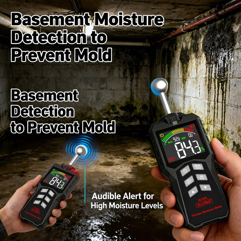 [Australia - AusPower] - Pinless Moisture Meter, Spherical Ball Probe Non-Invasive, High Precision Damp Detector with Backlit LCD, 5-40mm Depth for Walls, Drywall, Concrete, Woodworking & Mold Prevention 