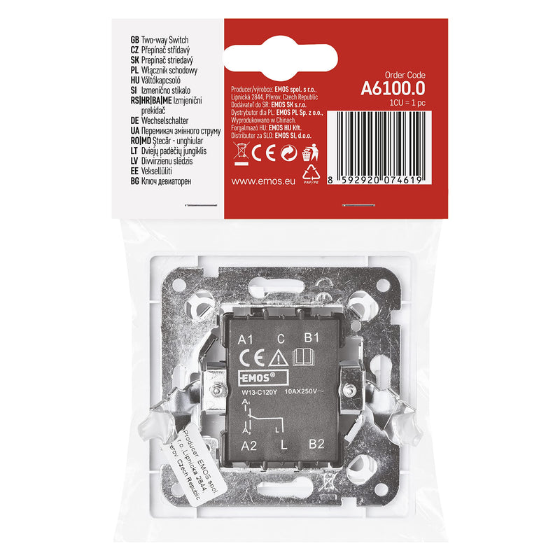 EMOS Toggle Switch in White (Gloss), Light Switch with One Rocker 250 V ~ / 10 AX, Plastic, without Flush-Mounted Box, Protection Class IP20 for Indoor Use, 8 x 8 x 5 cm