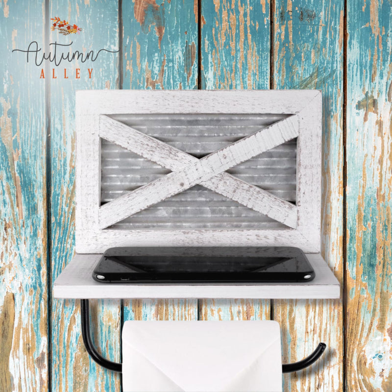 Autumn Alley White Farmhouse Toilet Paper Holder with Shelf for Wipes - Wooden Farmhouse Bathroom Decor - Shabby Chic Bathroom Accessories and Western Bathroom Decor Wall Mounted, White Wood No bracket