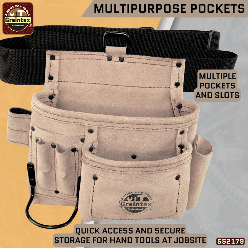 Graintex 5 Pocket Suede Leather Tool Belt/Bag, Multipurpose Leather Tool Belt for Women and Men, Ideal for Construction, Electrician, Handymen, Carpenter, Gardening Pouch & DIY Projects