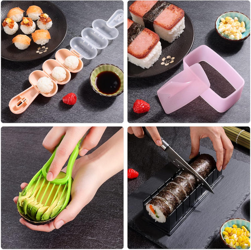 [Australia - AusPower] - Sushi Making Kit -14 in 1 - Easy-to-Use for Beginners with Sashimi Knife, Paddle Spreader, 2 Bamboo Sushi Mat, Black Bazooka, Reusable Chopsticks, Storage Bag, Green Avocado Slicer 