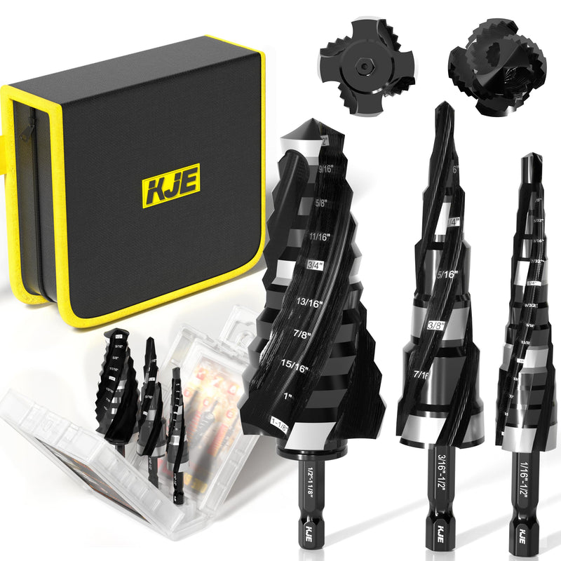 KJE 3PCS SAE 1/8" to 1-1/8" M35 Cobalt Step Drill Bit Set, 1/4" Hex Shank Metal Cutting Unibit Step Drill Bits(TiAlN Coated), Spiral Cone Drill for Stainless Steel, Sheet Metal, Wood & Plastic