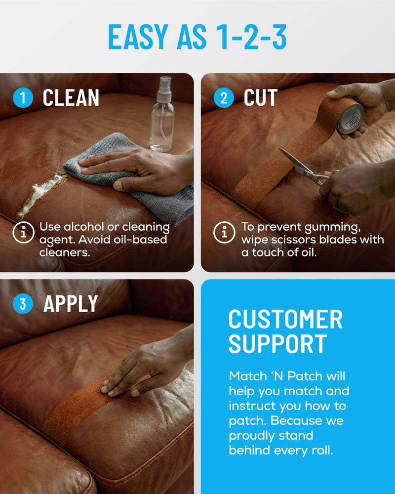 MATCH 'N PATCH Leather Repair Tape - Whiskey (2.25 inch x 15 feet) - Realistic Faux Leather Patches for Couch, Sofa, Upholstery, Car Seats & Other Furniture, Vinyl Repair Kit, Self Adhesive Patch 2.25" x 15'