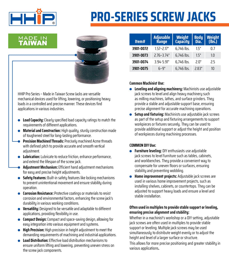 Pro Series by HHIP 3901-0072 Adjustable Screw Jack, 2.2" 1.57 - 2.17" Range