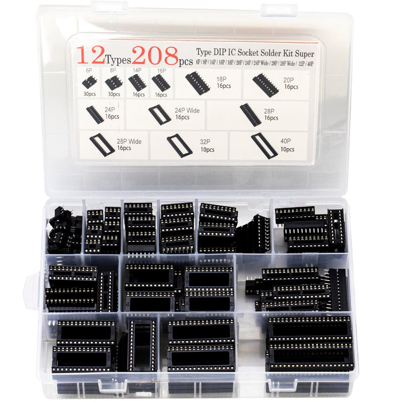 [Australia - AusPower] - 208pcs 12 Values DIP IC Socket Assortment Kit 2.54mm 0.1" Pitch 6 8 14 16 18 20 24 24Wide 28 28Wide 32Wide 40 Pins 