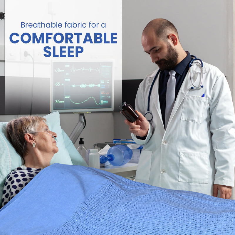 [Australia - AusPower] - Linteum Textile Supply Hospital Comfort Bundle - Blue Thermal Blanket 66x90 Inch (1-Pack) + White Classic Fitted Jersey Hospital Bed Sheets 36x84x16 Inches (2-Pack) 