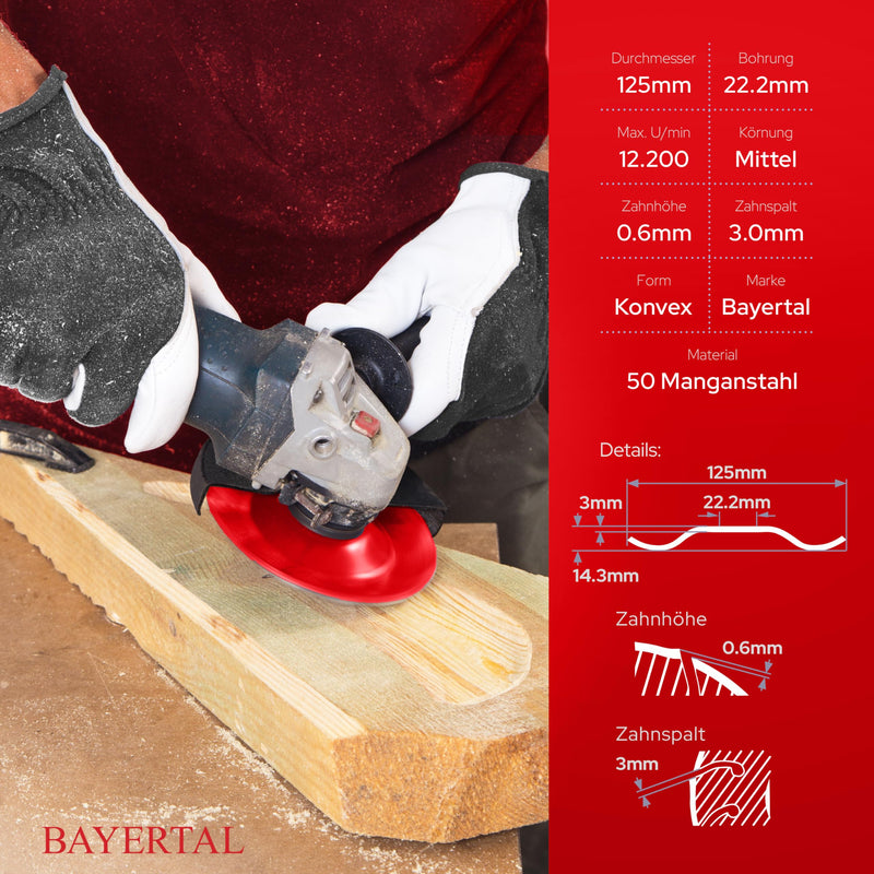 [Australia - AusPower] - BAYERTAL® Rasp Disc 125 mm - Wood Grinding Disc for Angle Grinder | Flex Disc, Milling Disc, Sanding Disc, Wood Milling Wheel for Fast Sanding & Milling Raspel Ø 125 x 22,23 mm 