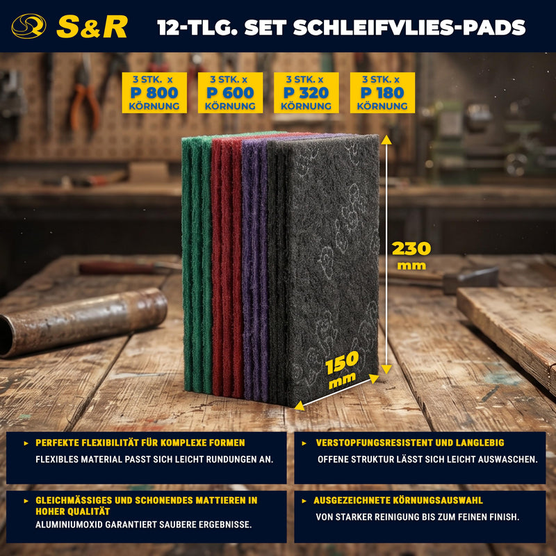 S&R Sanding Fleece Pads - Set of 12 Sanding Fleece Mats, Sanding Fleece for Metal, Wood, Steel & Stainless Steel, Sanding Fleece for Sanding & Polishing, Grit P180-P320-P600-P800