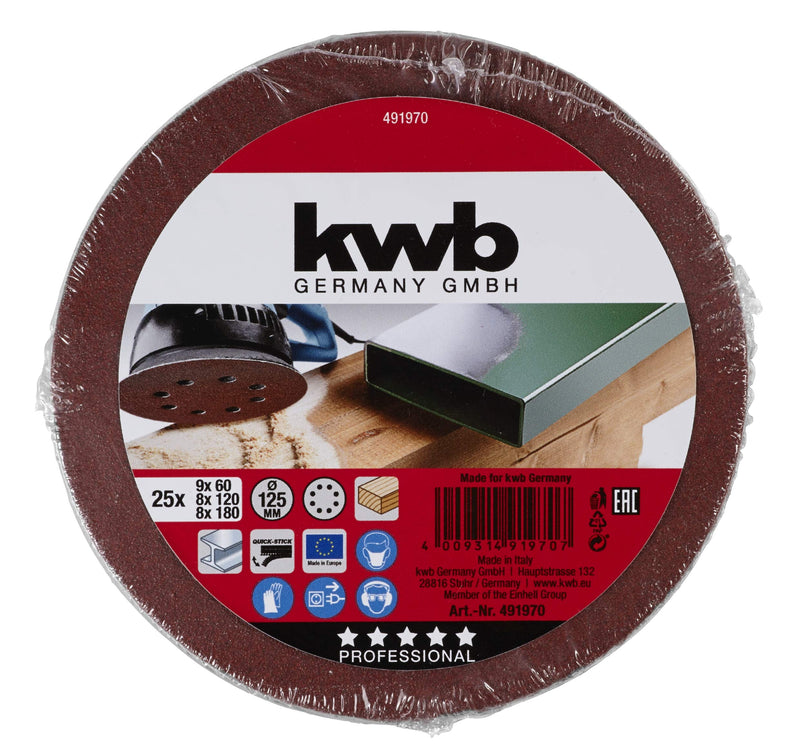 [Australia - AusPower] - kwb Sanding Disc Diameter 125 mm Made of Corundum in 60, 120, 180 Grits, Tool-free Change, High-Quality Resin Gluing and Reinforced Paper Carrier for Wood and Metal Scheiben - Sparpack Diameter: 125 mm Mixed 