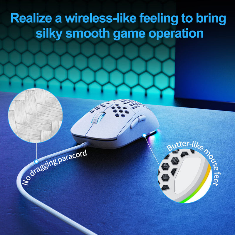 [Australia - AusPower] - TMKB Falcon M1SE Ultralight Honeycomb Gaming Mouse, High-Precision 12800DPI Optical Sensor, 6 Programmable Buttons, Customizable RGB, Drag-Free Paracord, Ergonomic, Wired - Matte White 