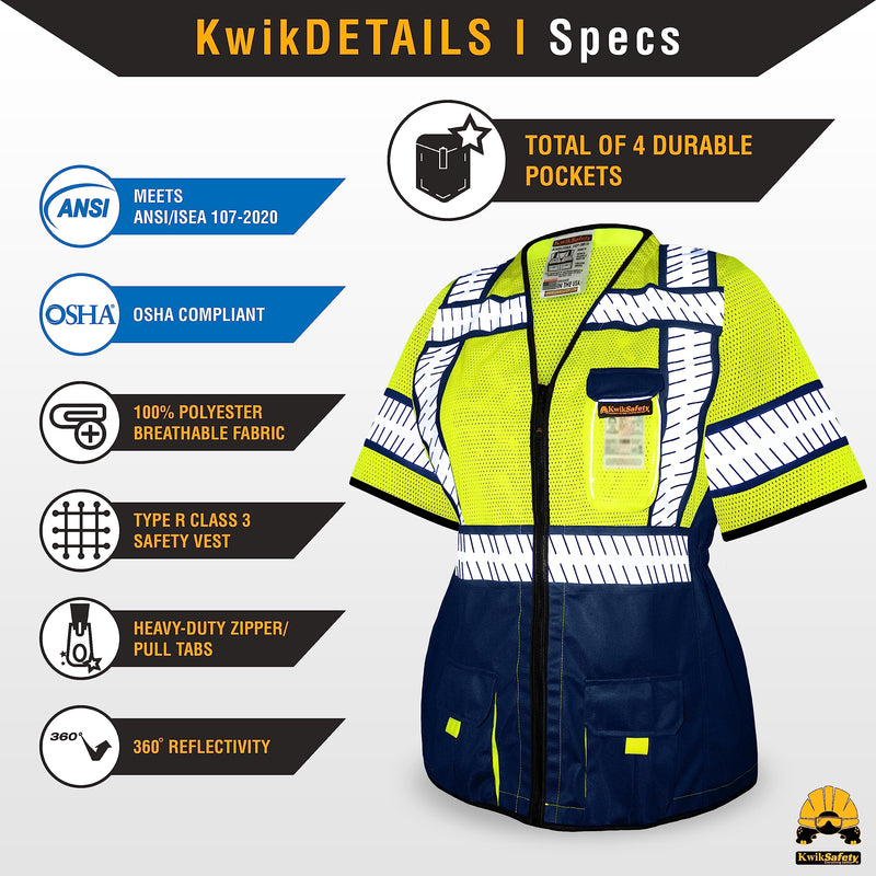 KwikSafety - Charlotte, NC - SHERIFF Class 3 Safety Vest for Women [REFLECTIVE FISHBONE TAPE] ANSI Tested OSHA Compliant Hi Vis PPE Work Gear/Blue Small