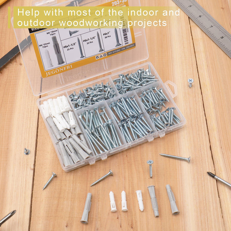 [Australia - AusPower] - High Hardness Wood Screws Assortment Kit and Plastic Wall Anchors, 203 pcs 1/2" to 1-1/2" Phillips Drive Flat Head Screws & 30 pcs M6 Drywall Anchors Screws and Anchors 