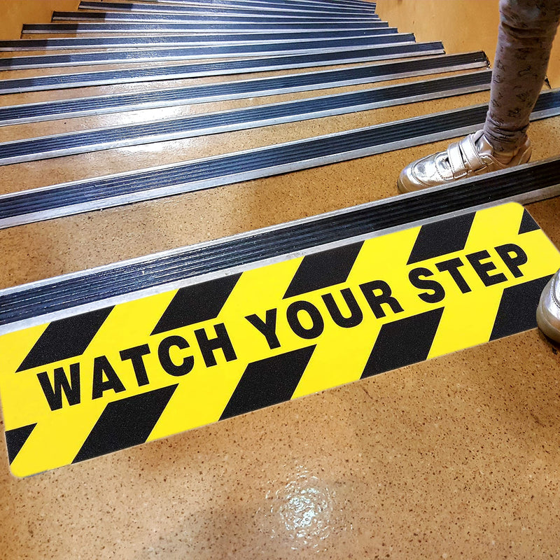 4 Pieces 6 by 24 Inches Watch Your Step Warning Sticker Adhesive Tape Anti Slip Abrasive Tape for Workplace Safety Wet Floor Caution