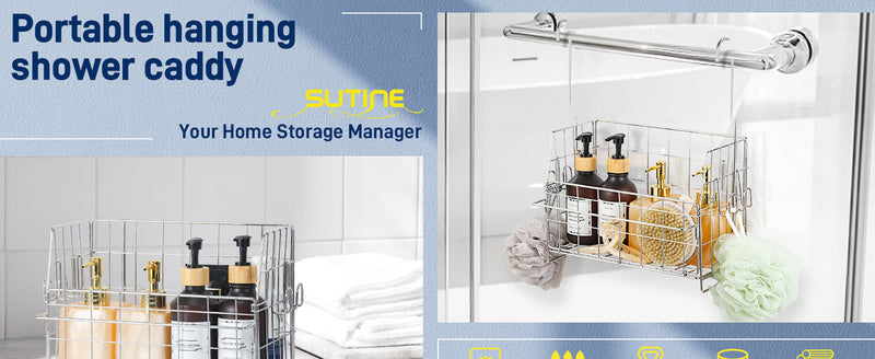 SUTINE Hanging Shower Organizer, Shower Caddy Hanging, Bathroom Storage Rack with Hooks Over the Door, Stainless Steel Rustproof Bathroom Basket Shelf for Bath Faucet or Cross Bar
