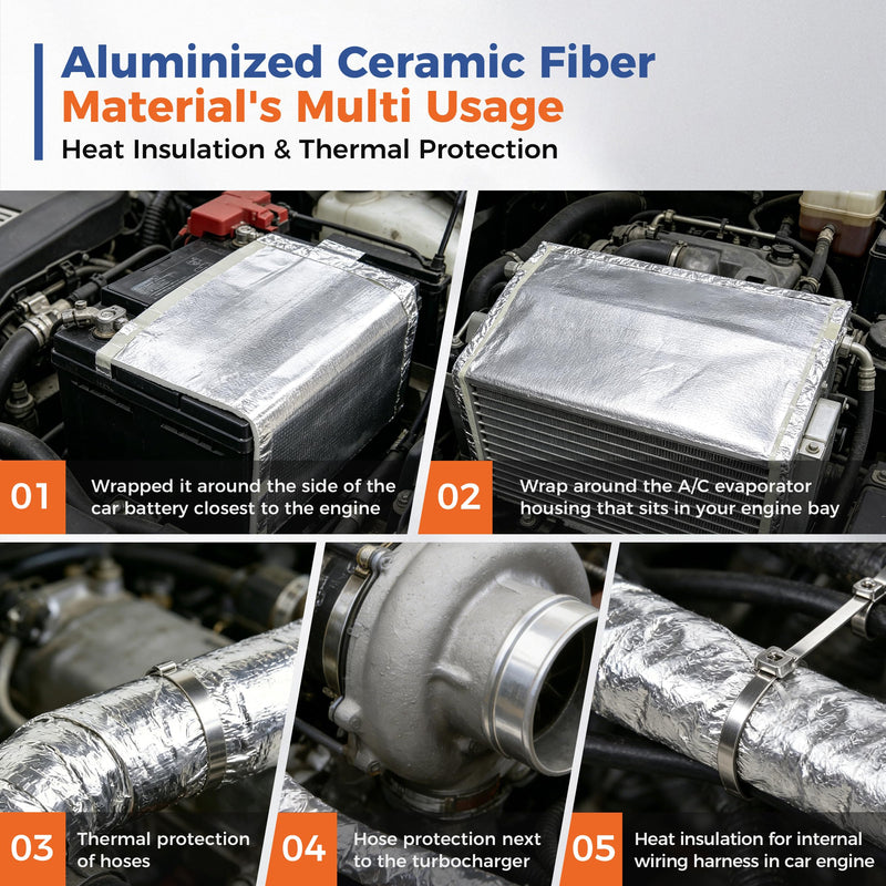 Automotive High Temperature Resistant Heat Shield Mat Aluminum Foil Ceramic Fiber Material Up to 2300℉ for Thermal Protection(None-Adhesive-195mil-15 x 24") 195mil-15"x24"