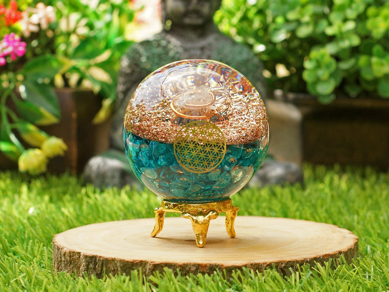 Orgonite Crystal Blue Aquamarine Crystal Ball with Stand for Positive Energy, Chakra Balancing –with Flower of Life Symbol to Promote Purpose, Serenity and Courage