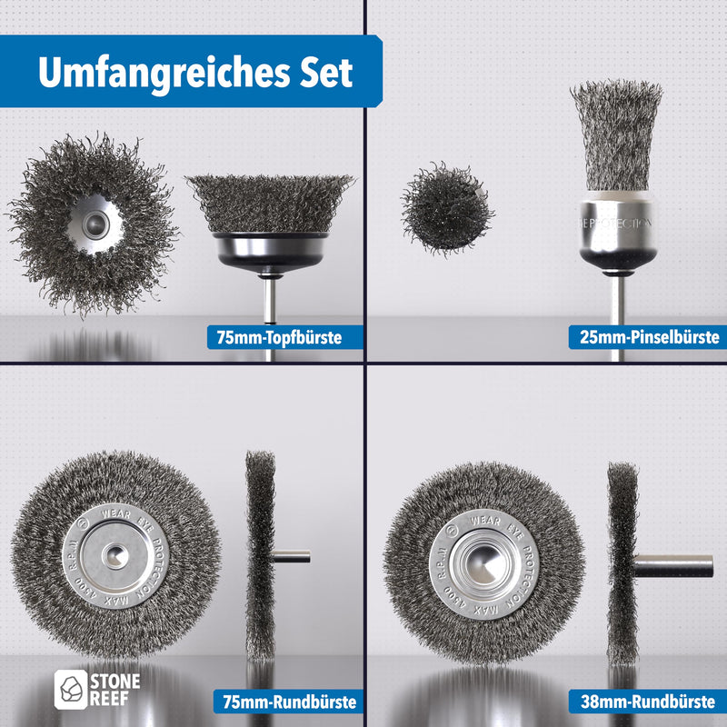 Wire Brush Set 5-Piece 6 mm Shaft for Drill Cordless Screwdriver | 5 shapes: cup brush, 2 round brushes, cylinder brush and end brush - 6mm round shank fits into any common drill chuck