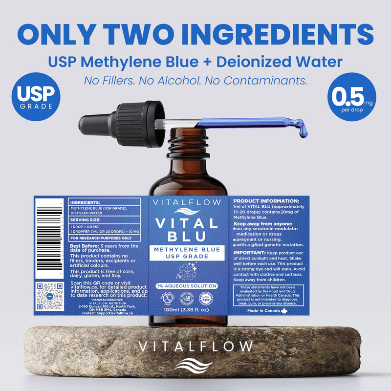 1% Methylene Blue Premium Pharmaceutical USP Grade Purity, Third-Party Tested for Quality, No Contaminants - Distilled Water Base - USP Grade Purity, Amber Glass Bottle - 100ml (3.8fl oz)