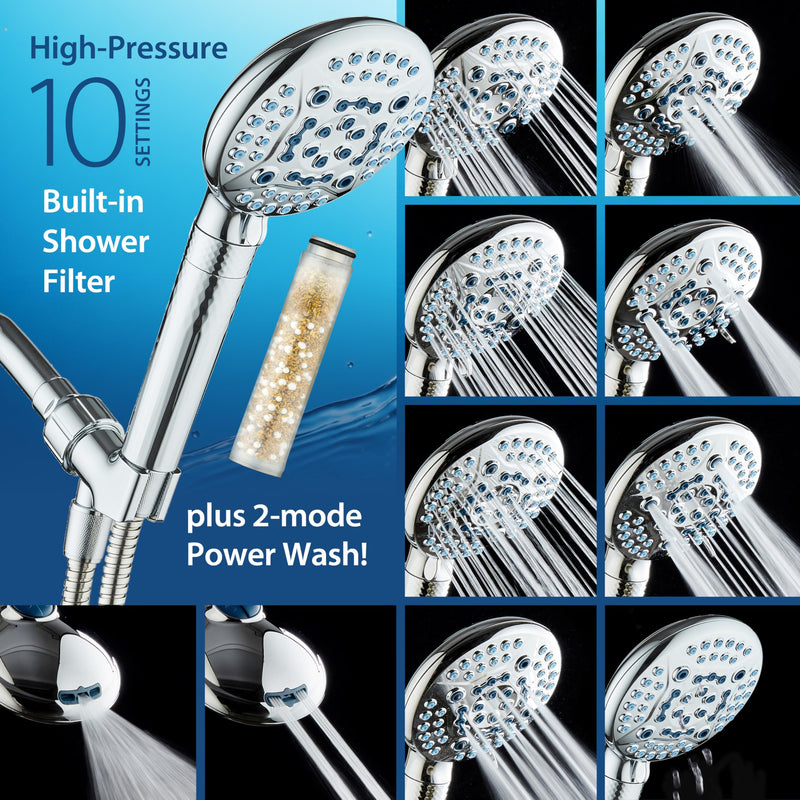 AquaCare 4X High Pressure 10-mode Filter Handheld Shower Head with Dual Power Wash - Clean Tub, Tile & Pets, Remove Chlorine, Metals & Toxins from Water to Protect Skin, Hair & Nails. Chrome Finish