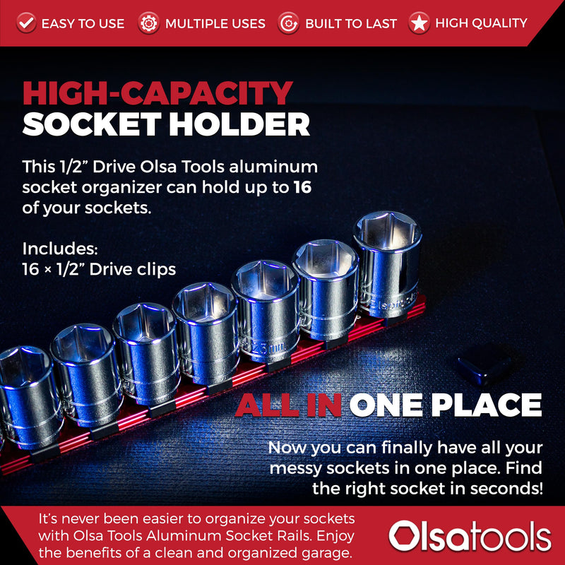 [Australia - AusPower] - 1/2-Inch Drive Aluminum Socket Organizer | Professional Quality Socket Holder (Red) | by Olsa Tools 1/2-inch drive Red 