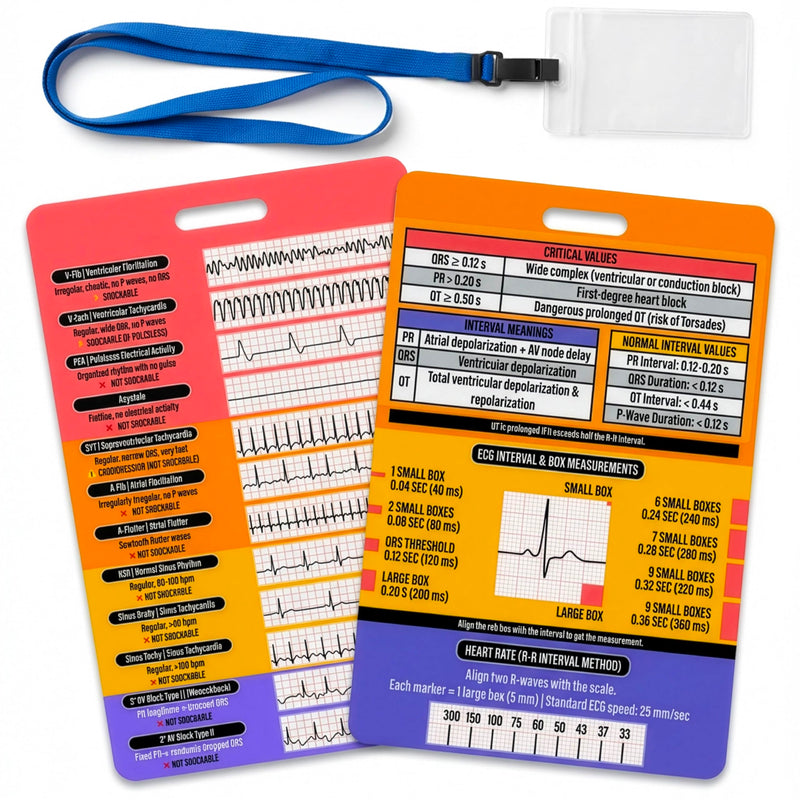 EKG Rhythm Interpretation Badge Card - Rhythm Strips & Shockable Guide | Dual Sided Interval Values & R to R Rate Scale for Nursing Telemetry Students | Included Lanyard Badge Holder | 3.54” x 5.12”