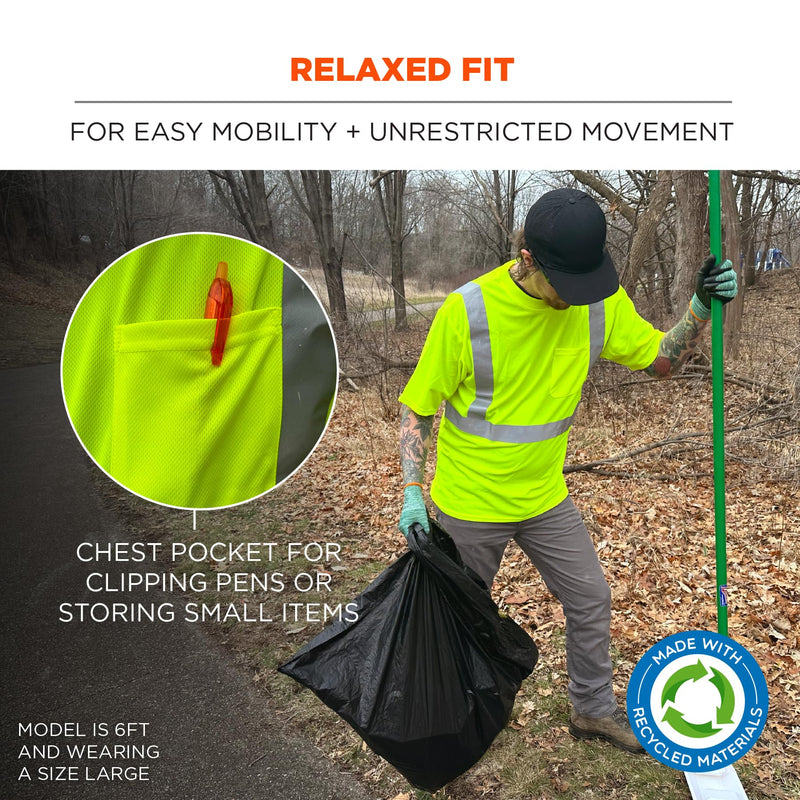 Ergodyne GloWear 8289-ECO Recycled Safety Shirt, Class 2 Type R Hi Vis Reflective Safety Shirt, ECO-Friendly Lime Large