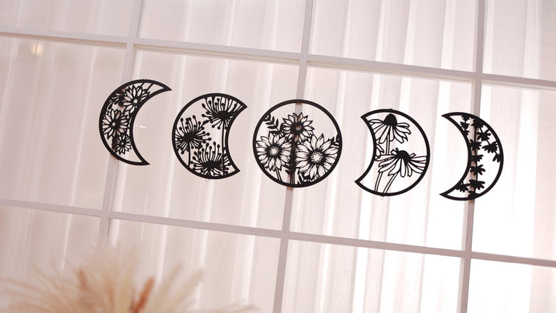 Jetec 5 Pcs Moon Phases Wall Art Decor, Wooden, Black, 10.6 Inch, Flower