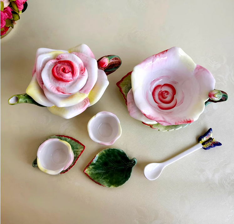 Ceramic Mini Rose Tea Pot Set, 3D Hand-painted Flower Cup and Leaves Saucer, Set of 5