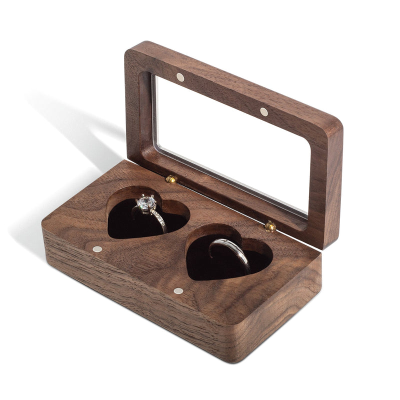 Wooden double heart wedding ring box by Wislist, walnut rectangular jewelry case for engagement rings and keepsakes.