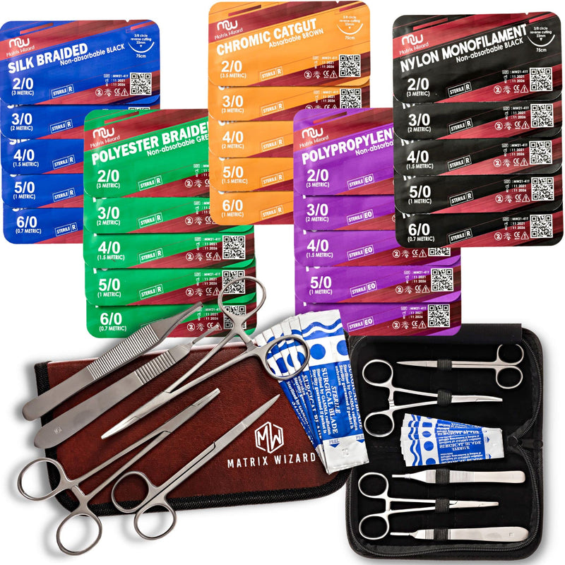 [Australia - AusPower] - Suture Threads with Needle (25 PK Mixed Dissolvable and Non-Dissolvable) 2-0, 3-0, 4-0, 5-0, 6-0: Camping Survival Demo, Military Tactical Drill, Clinic Rotation Suturing, First Aid Travel Safety Demo 