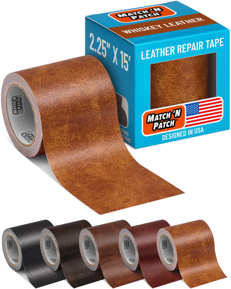 MATCH 'N PATCH Leather Repair Tape - Whiskey (2.25 inch x 15 feet) - Realistic Faux Leather Patches for Couch, Sofa, Upholstery, Car Seats & Other Furniture, Vinyl Repair Kit, Self Adhesive Patch 2.25" x 15'