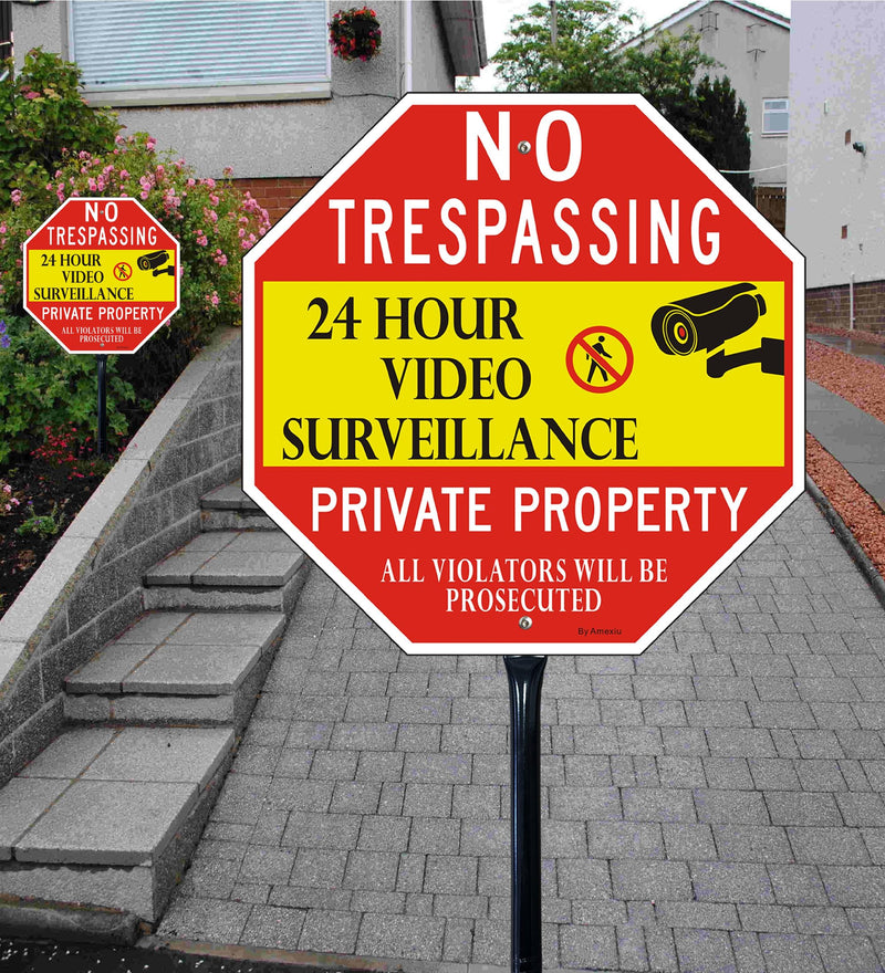 Large No Trespassing Sign Private Property with 36" Metal Stake - 12 x 12 Inches 24 Hour Video Surveillance Signs, Rust-Free& Fade Resistant Aluminum (1 Pack) 12"x12"- 1Pack with Stong stake Red