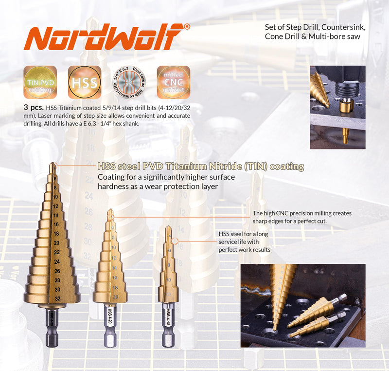 NordWolf 12-Piece HSS Titanium Metric Step, Countersink, Cone Drills with 1/4" Hex Shank, Multi Drill Saw & Automatic Center Punch Set in Storage Case 12 pcs