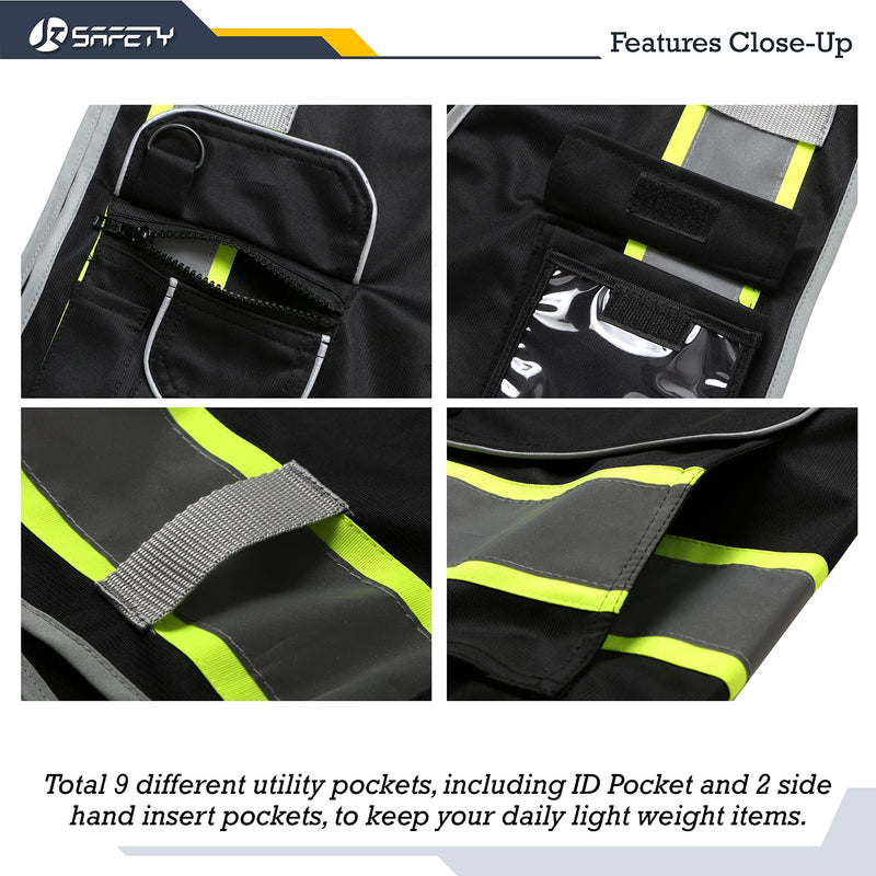 JKSafety 9 Pockets Hi-Vis Black Color Zipper Front Safety Vest Fluorescent Yellow Strips outlining the Reflective Tapes ANSI/ISEA Class 1 (901-Black, Medium) Black Yellow Strips