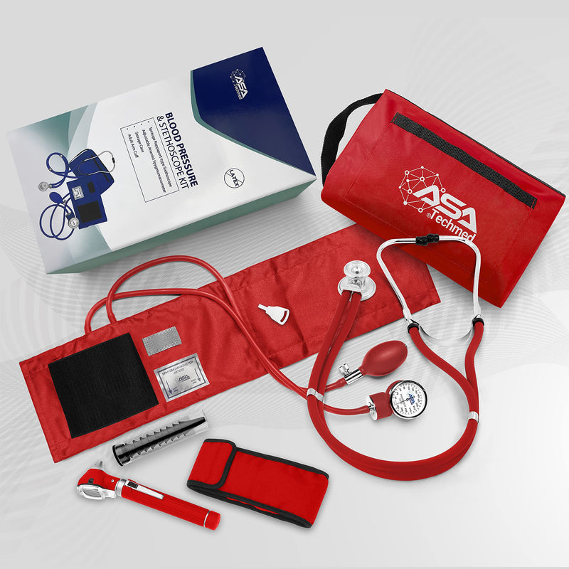 ASA TECHMED Nurse Essentials Professional Kit with Handheld Travel Case | 3 Part Kit Includes Adult Aneroid Sphygmomanometer Blood Pressure Monitor, Stethoscope, Diagnostic Otoscope (Red) Red
