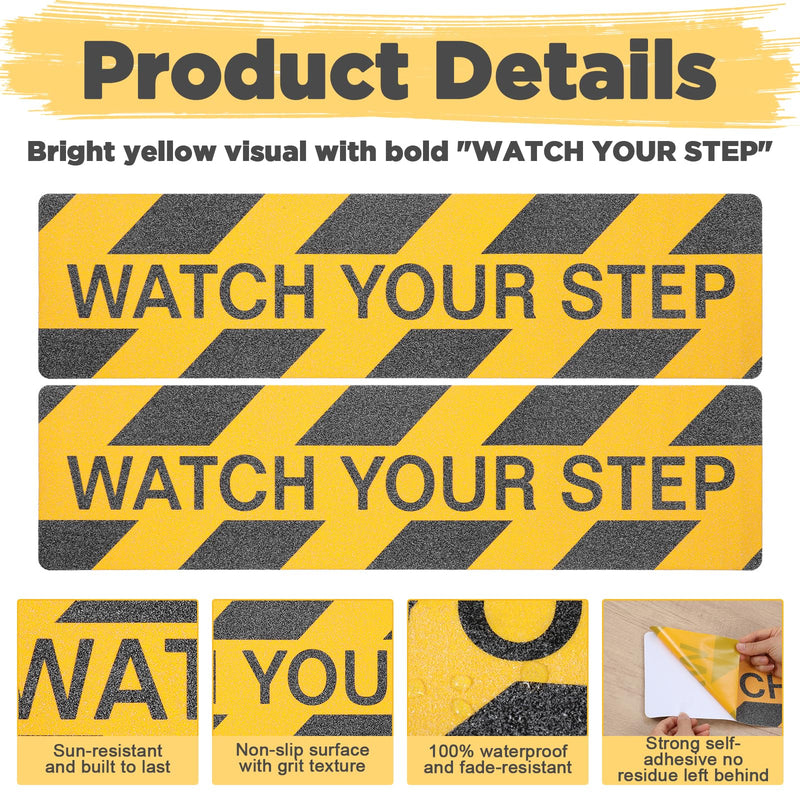 12 Pack Watch Your Step Sticker 6x24 Inch, Watch Your Step Sign Floor Decals, Anti-Slip PVC Stair Stickers, Waterproof Abrasive Tape for Wet Floor Caution, Indoor Outdoor Safety