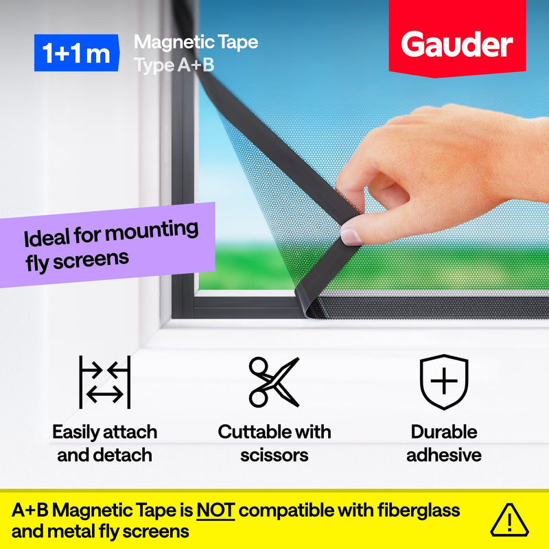 GAUDER A+B Magnetic Tape for Fly Screens & Mosquito Nets - Self-Adhesive Magnetic Strips with Strong Mutual Attraction - Magnet Tape with Counterpart & Strong Adhesive (3.3 + 3.3 ft) 3.3 ft + 3.3 ft