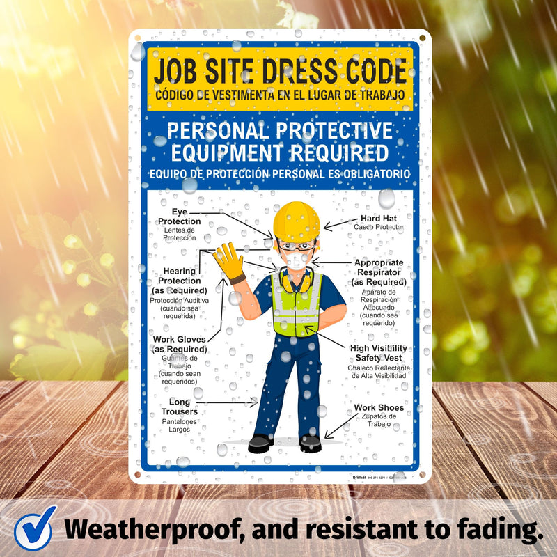 Brimar - 12" x 18" - Bilingual Job Site Dress Code Sign - .055″ Polyethylene Plastic - Bold Text - Easy Installation Bilingual Job Site Dress Code (12x18")